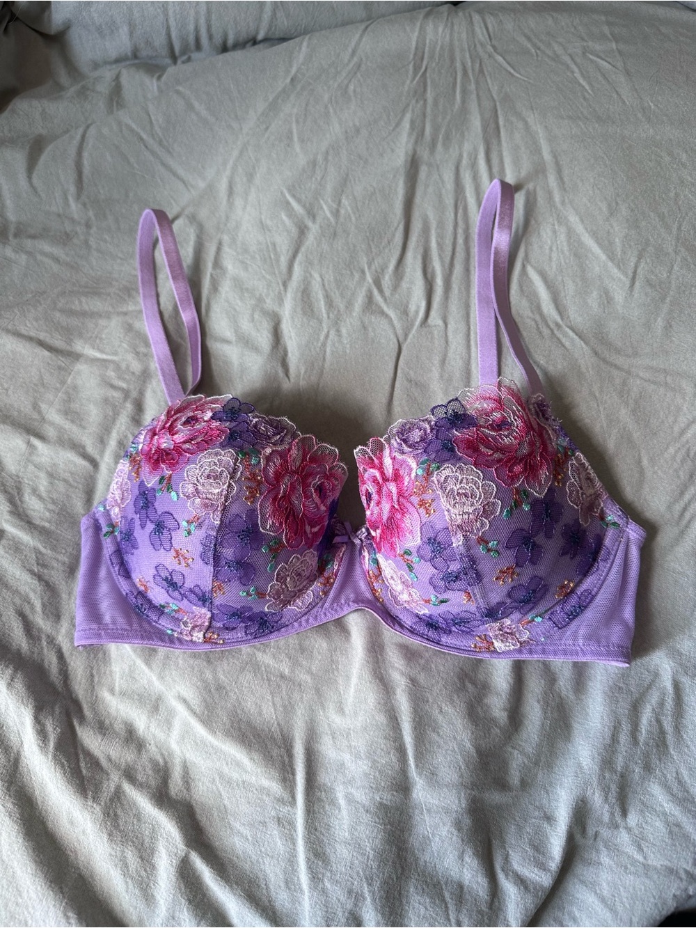 Victoria's Secret Lavender Floral Embroidered Underwire Bra with Pink Accents